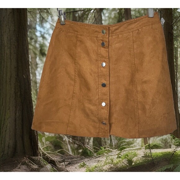 Divided H&M Skirt Mini Faux Suede‎ Short Snaps Brown 6 Retro Boho Hippie Western - Picture 1 of 4